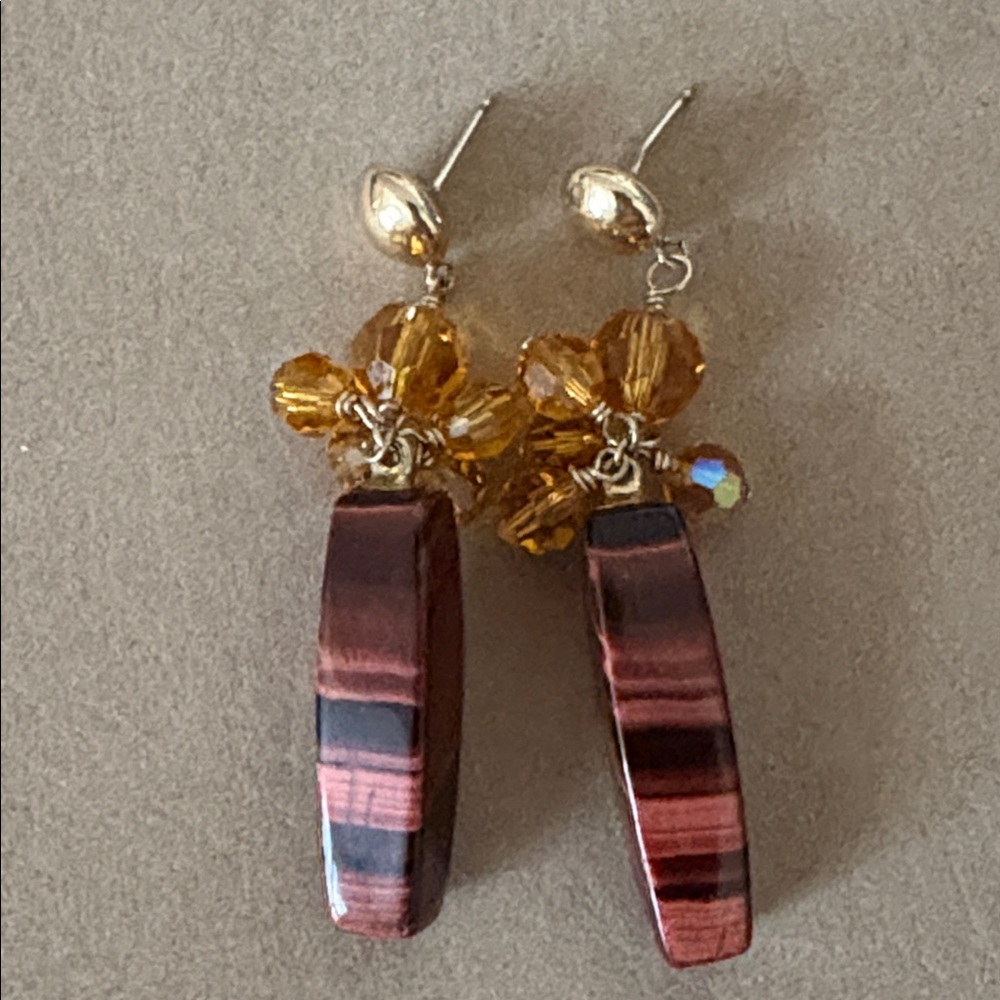 Vintage Handmade 14 K GF Gold and Brown Tiger Eye and Crystal Beaded Earrings